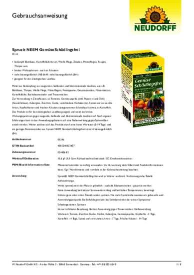 Spruzit NEEM GemüseSchädlingsfrei Gebrauchsanweisung
