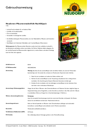 Neudomon PflaumenmadenFalle Nachfüllpack Gebrauchsanweisung