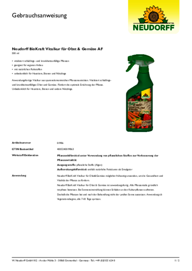 Neudorff BioKraft Vitalkur für Obst & Gemüse AF Gebrauchsanweisung