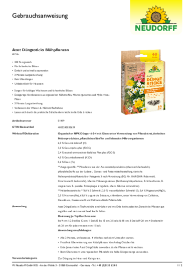 Azet Düngesticks Blühpflanzen Gebrauchsanweisung