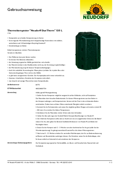 Thermokomposter "Neudorff DuoTherm" 530 L Gebrauchsanweisung