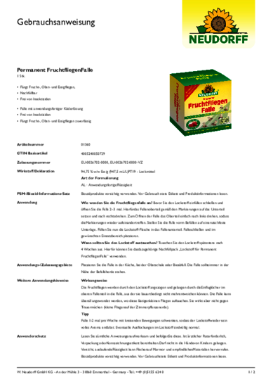Permanent FruchtfliegenFalle Gebrauchsanweisung