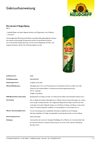 Permanent FliegenSpray Gebrauchsanweisung