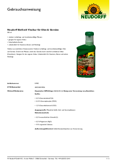 Neudorff BioKraft Vitalkur für Obst & Gemüse Gebrauchsanweisung