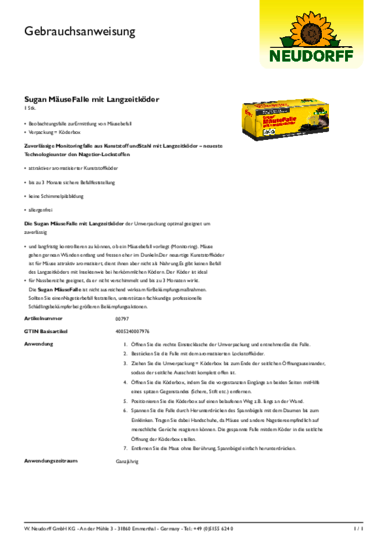 Sugan MäuseFalle mit Langzeitköder Gebrauchsanweisung