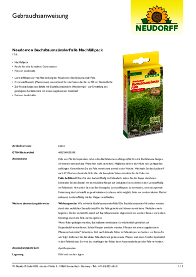 Neudomon BuchsbaumzünslerFalle Nachfüllpack Gebrauchsanweisung