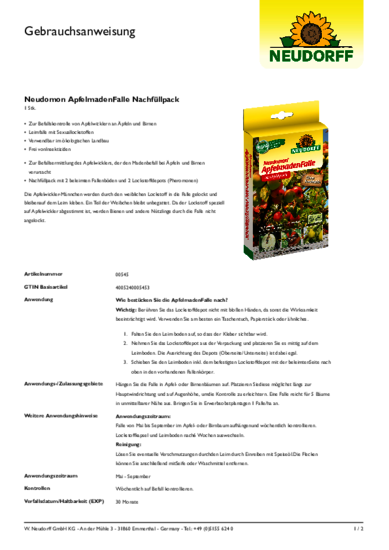 Neudomon ApfelmadenFalle Nachfüllpack Gebrauchsanweisung